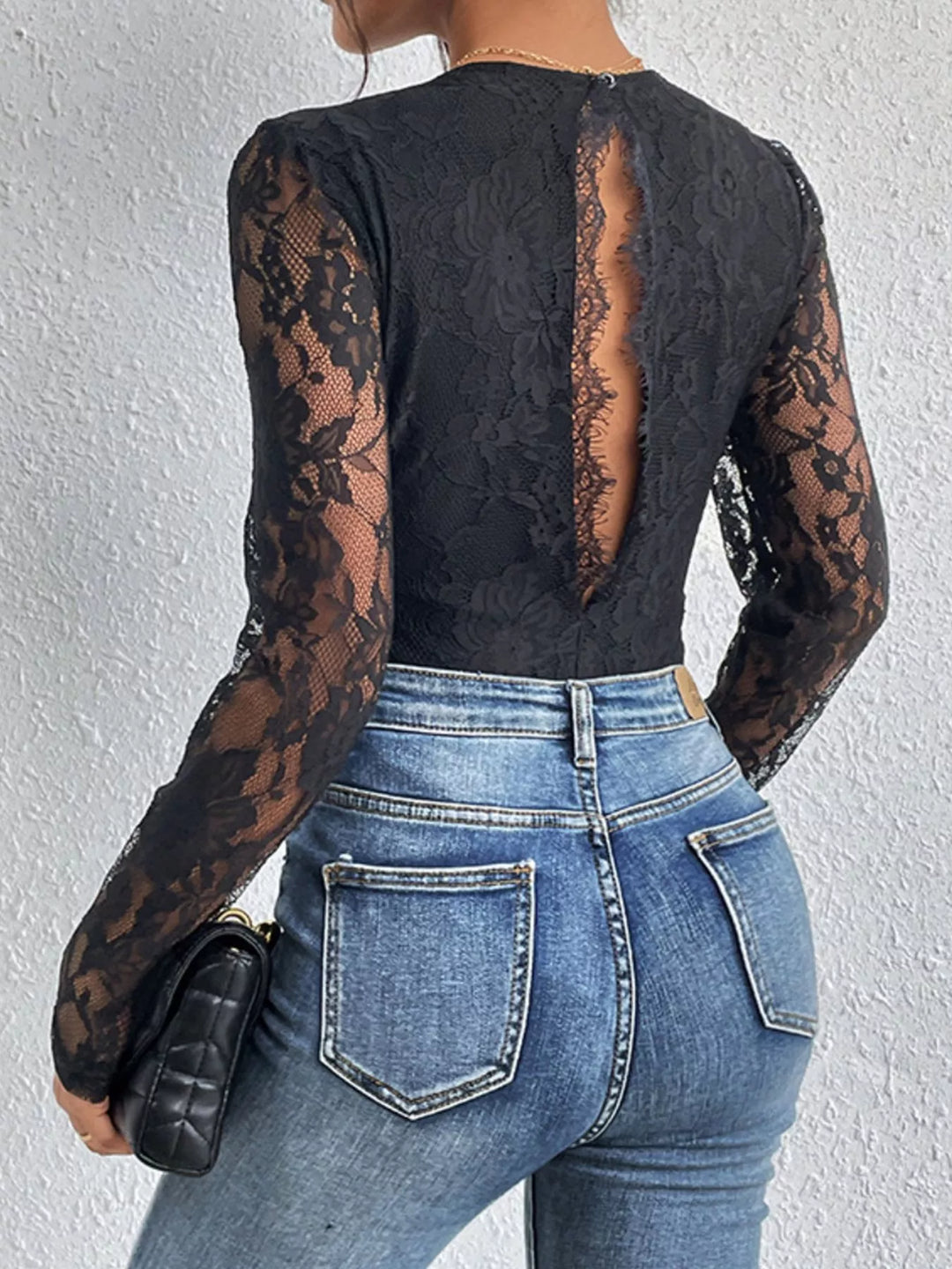 Ava - Damen Spitzen-Body mit V-Ausschnitt | Langarm | Figurbetont & Bequem