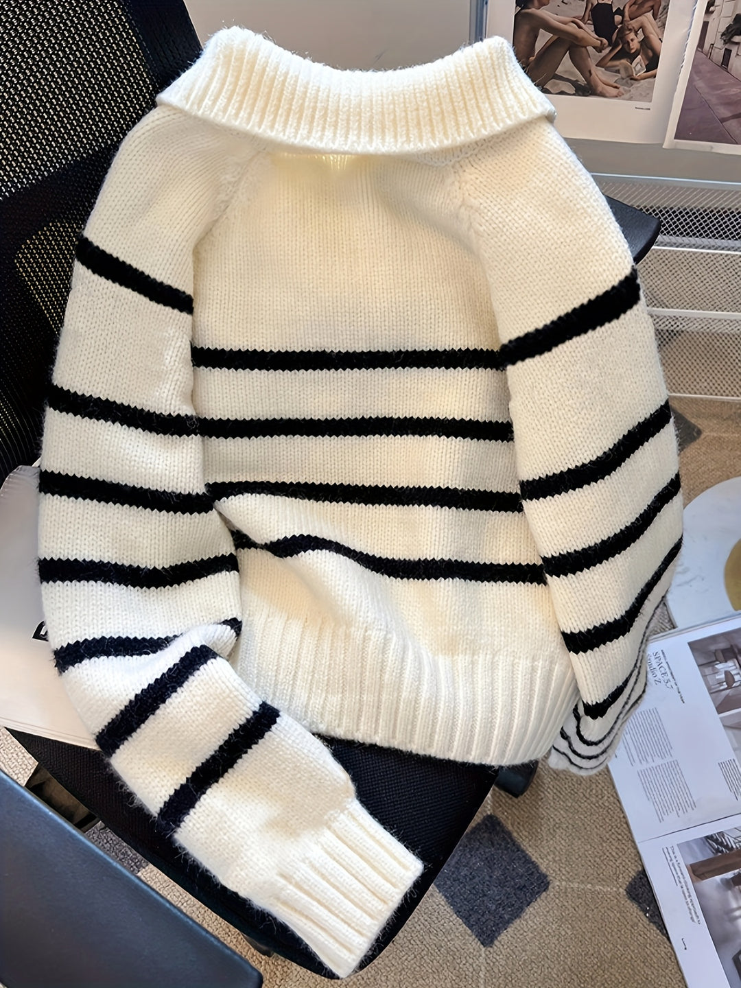 Luna Schwarz-Weiß Gestreifter Halb-Zip Turtleneck Pullover