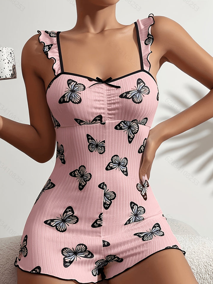 Gerippter Pyjama-Overall mit Schmetterlings-Print, Rüschenträgern und Wellensaum