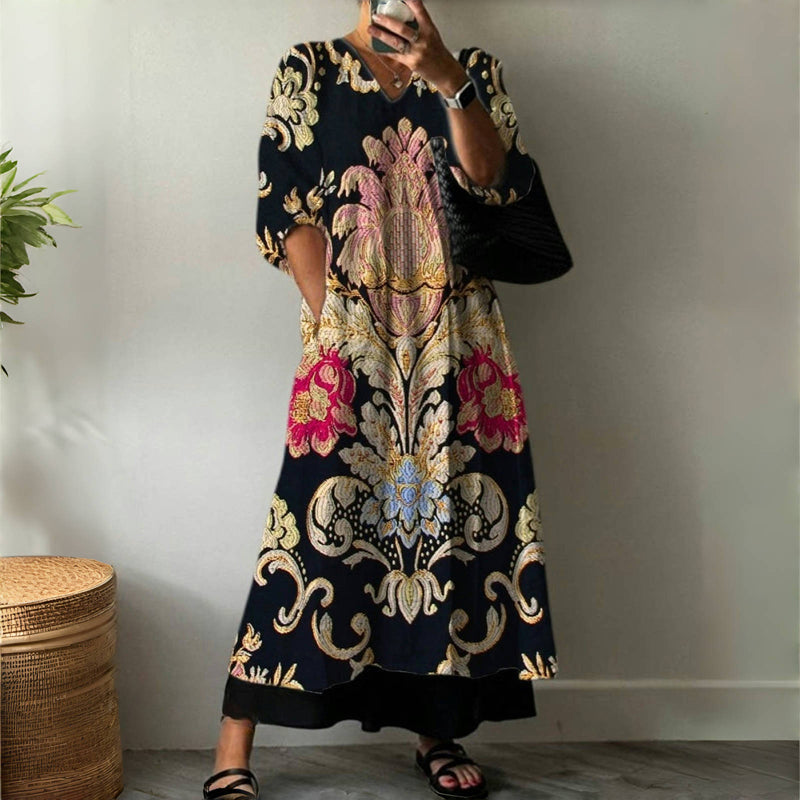 Gulia – Langärmeliges Vintage-Kleid mit Ethno-Muster für stilvolle Herbst- und Frühlingstage