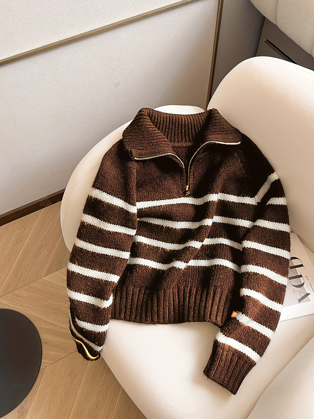 Luna Schwarz-Weiß Gestreifter Halb-Zip Turtleneck Pullover