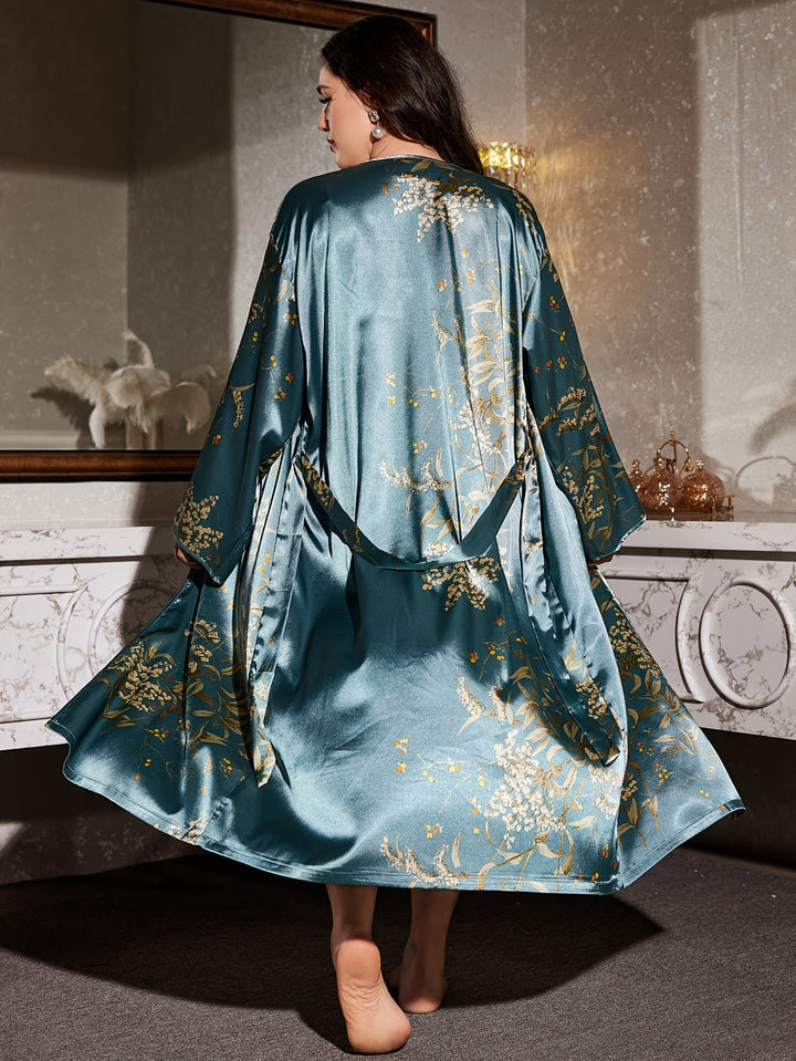 Langer Satin-Kimono mit Blumen-Print, Bindegürtel und weiten Glockenärmeln