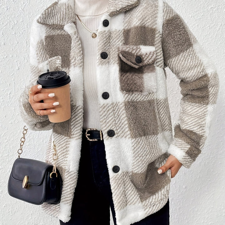 Aurora Karierter Kuschel-Fleece Wintermantel – Weicher Stretch Plaid Mantel