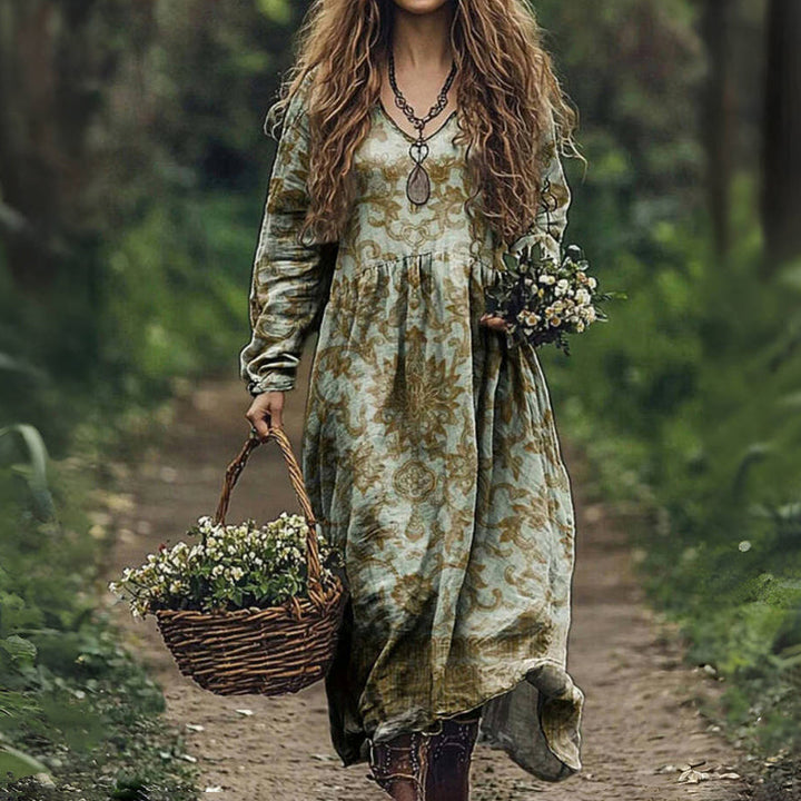 Selene – Boho-Vintage-Kleid mit Ethno-Muster und asymmetrischem Schnitt