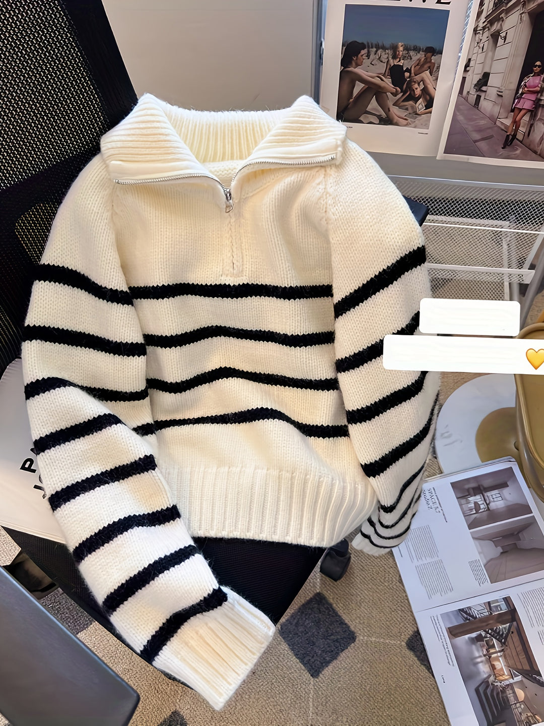 Luna Schwarz-Weiß Gestreifter Halb-Zip Turtleneck Pullover