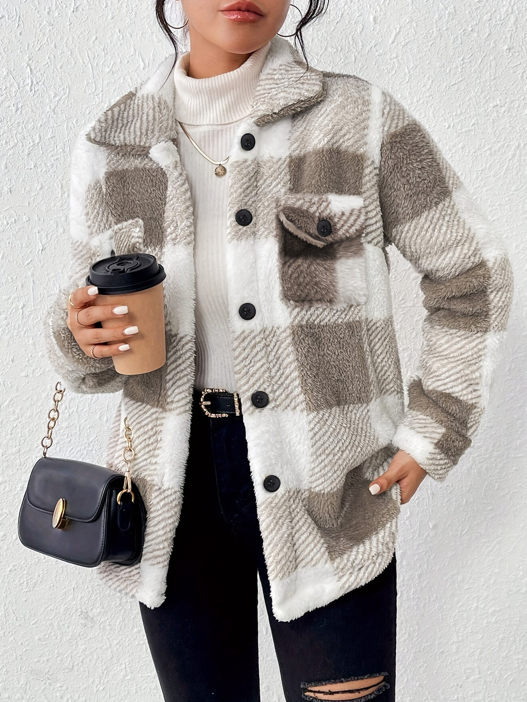 Aurora Karierter Kuschel-Fleece Wintermantel – Weicher Stretch Plaid Mantel