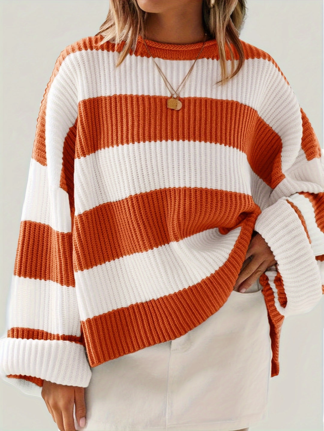 Sienna Beige-Braun Vertikal gestreifter Pullover