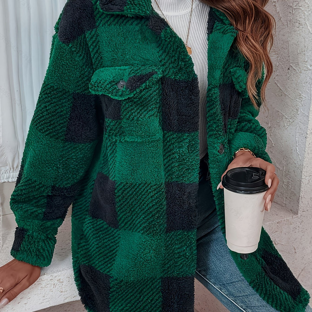 Aurora Karierter Kuschel-Fleece Wintermantel – Weicher Stretch Plaid Mantel