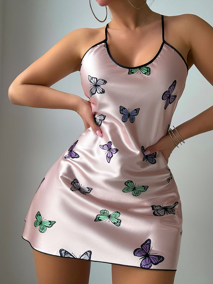 Satin-Chemise in Zartrosa mit Schmetterlings-Print und gekreuzten Trägern am Rücken