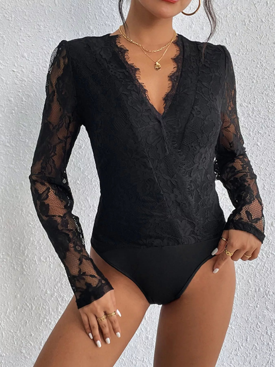 Ava - Damen Spitzen-Body mit V-Ausschnitt | Langarm | Figurbetont & Bequem