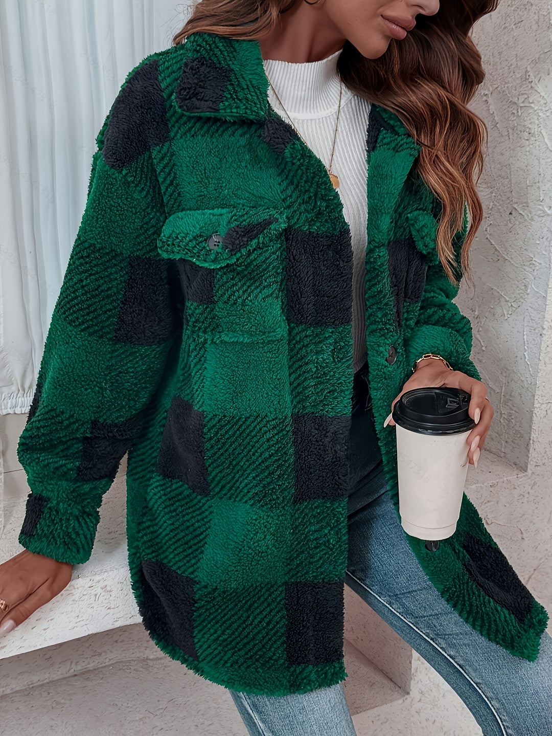 Aurora Karierter Kuschel-Fleece Wintermantel – Weicher Stretch Plaid Mantel