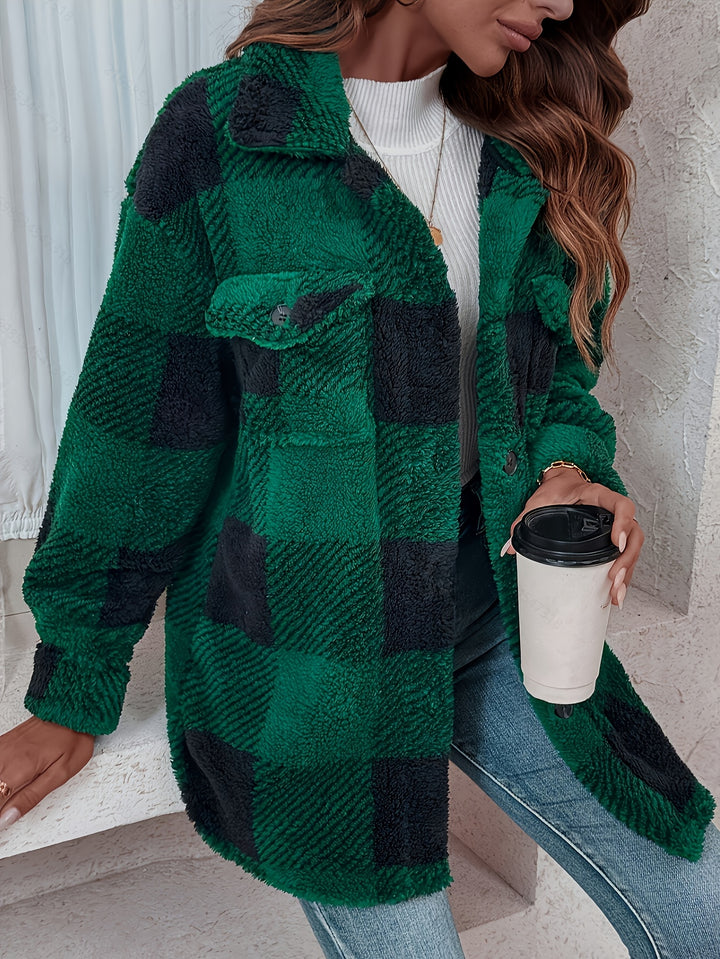Aurora Karierter Kuschel-Fleece Wintermantel – Weicher Stretch Plaid Mantel