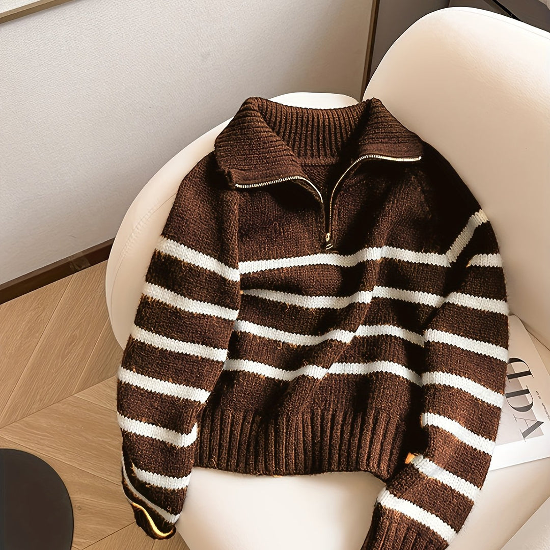 Luna Schwarz-Weiß Gestreifter Halb-Zip Turtleneck Pullover