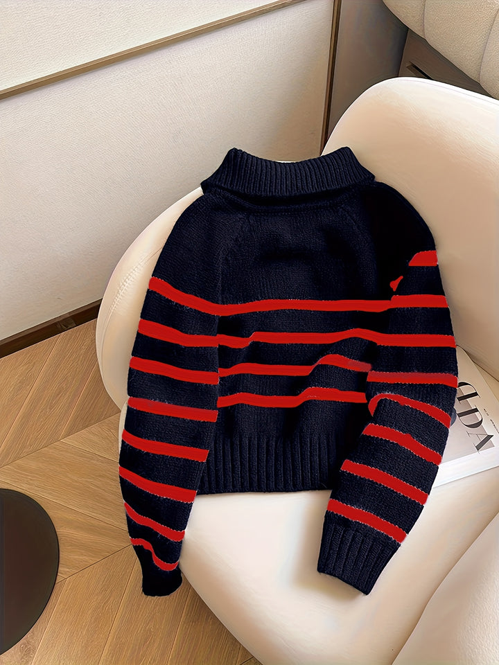 Luna Schwarz-Weiß Gestreifter Halb-Zip Turtleneck Pullover