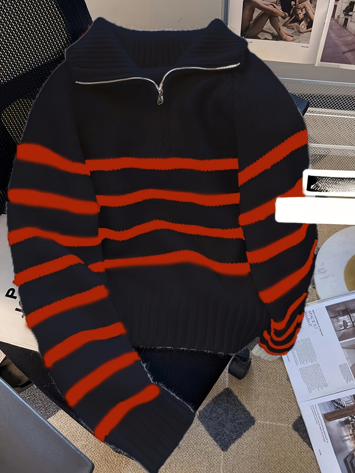 Luna Schwarz-Weiß Gestreifter Halb-Zip Turtleneck Pullover