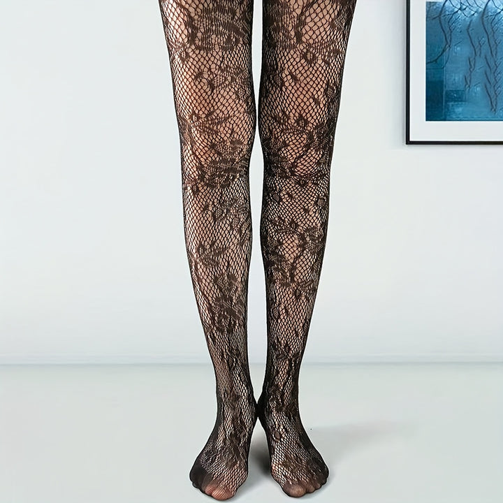 Elegante Netzstrumpfhose mit floraler Spitze