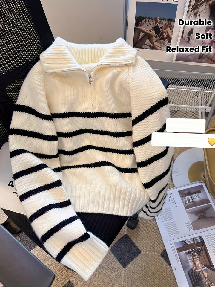 Luna Schwarz-Weiß Gestreifter Halb-Zip Turtleneck Pullover