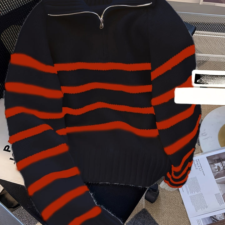 Luna Schwarz-Weiß Gestreifter Halb-Zip Turtleneck Pullover