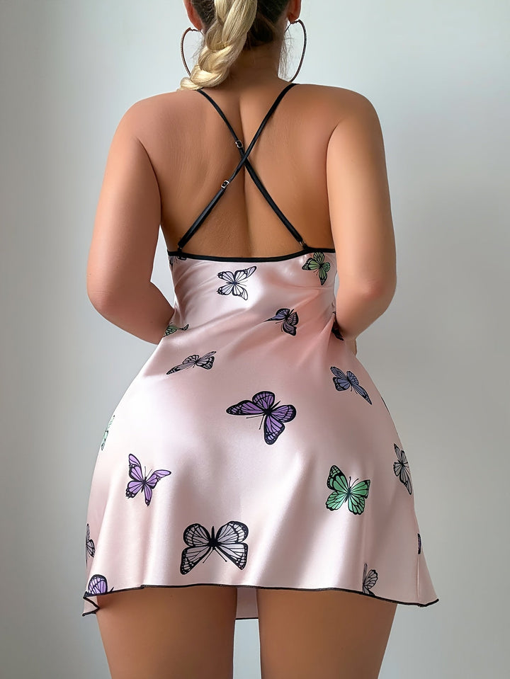 Satin-Chemise in Zartrosa mit Schmetterlings-Print und gekreuzten Trägern am Rücken