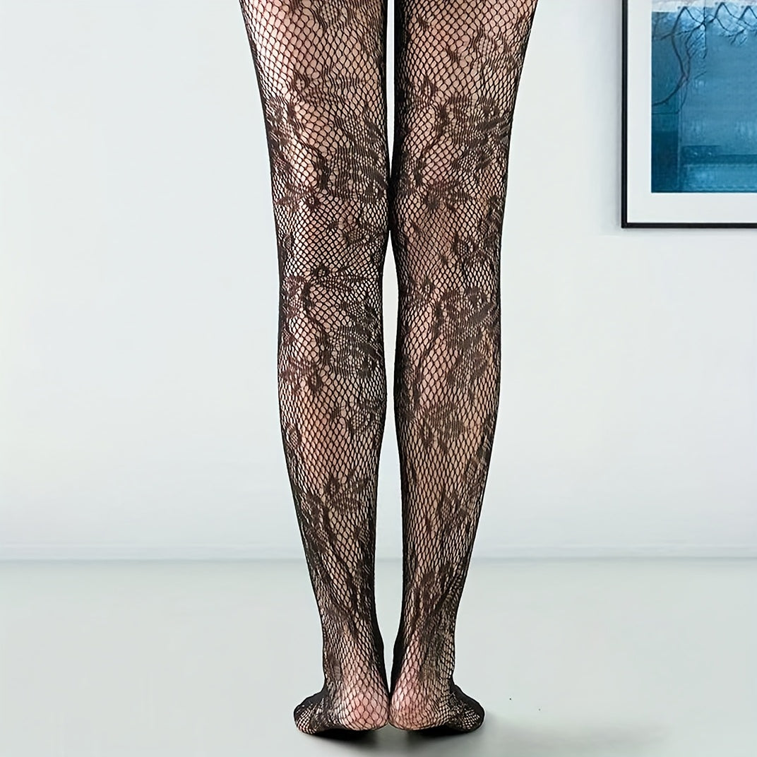 Elegante Netzstrumpfhose mit floraler Spitze