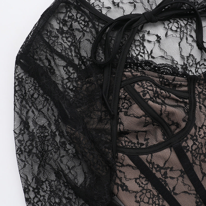 Damen Spitzenoberteil mit Taillenbesatz | Slim Fit | Geprägtes Langarmshirt