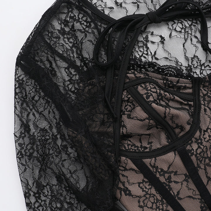 Damen Spitzenoberteil mit Taillenbesatz | Slim Fit | Geprägtes Langarmshirt