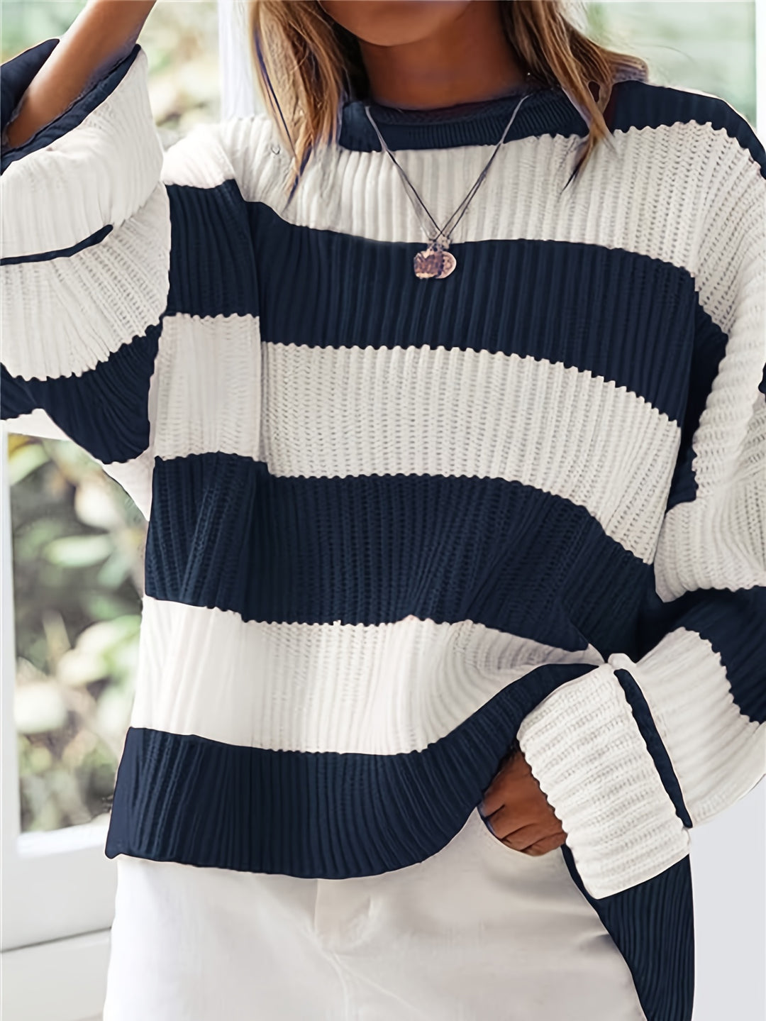 Sienna Beige-Braun Vertikal gestreifter Pullover