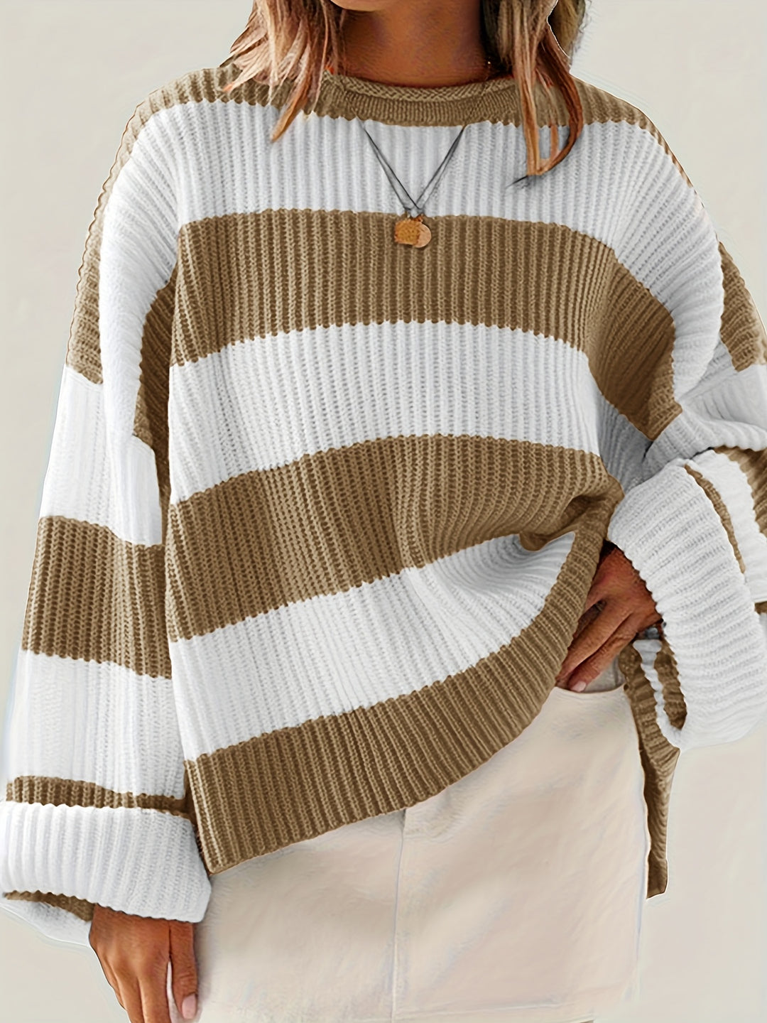Sienna Beige-Braun Vertikal gestreifter Pullover
