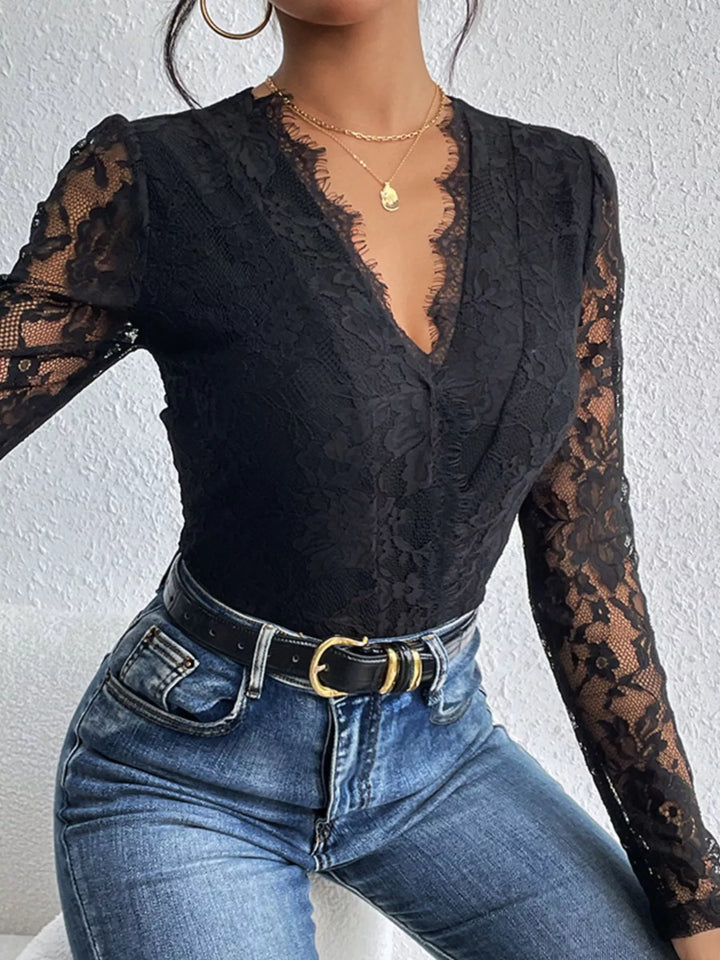 Ava - Damen Spitzen-Body mit V-Ausschnitt | Langarm | Figurbetont & Bequem
