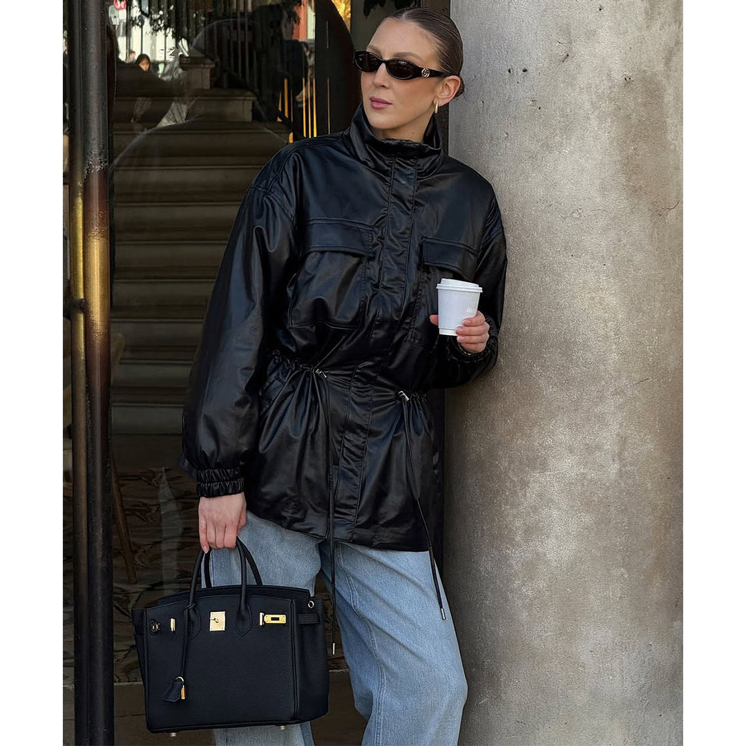 Birk Handtasche XL aus Narbenleder mit goldenem Drehverschluss und Rollhenkeln
