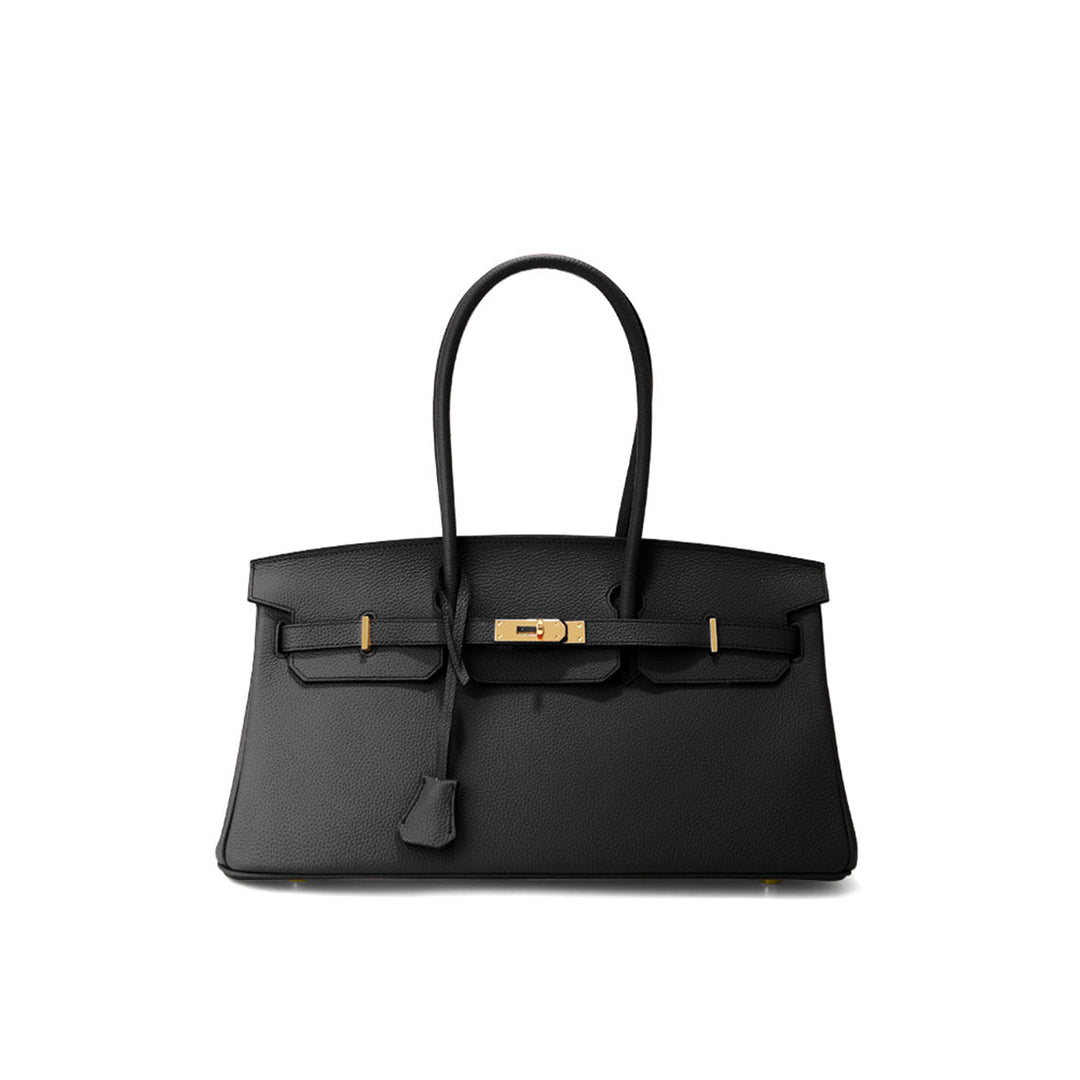 Birk-Schultertasche aus Narbenleder mit Henkeln und goldenen Beschlägen