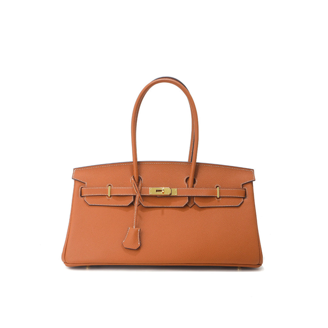 Birk-Schultertasche aus Narbenleder mit Henkeln und goldenen Beschlägen