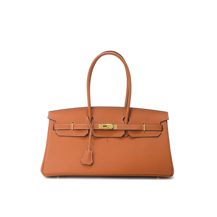 Birk-Schultertasche aus Narbenleder mit Henkeln und goldenen Beschlägen
