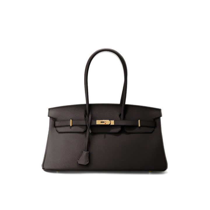 Birk-Schultertasche aus Narbenleder mit Henkeln und goldenen Beschlägen