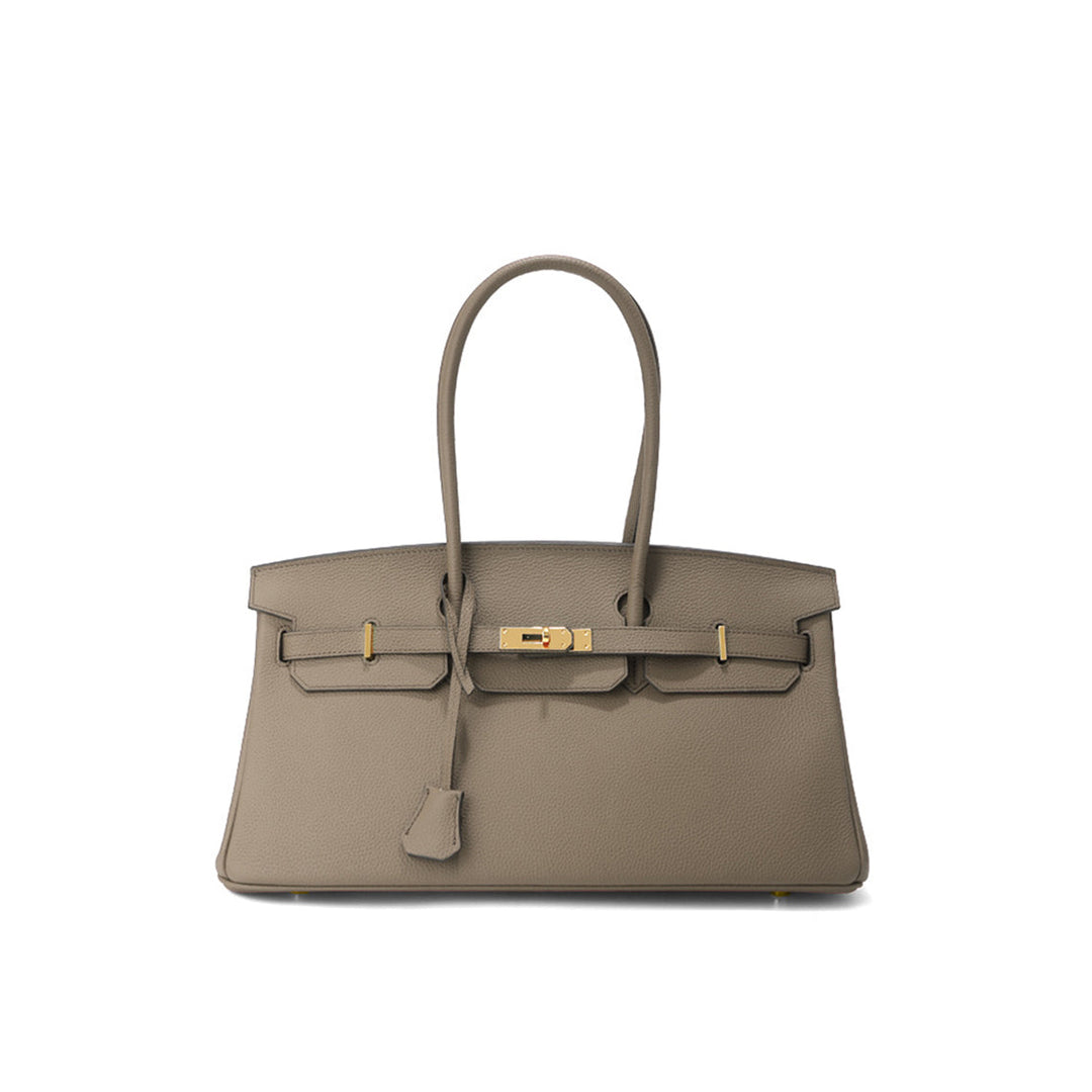 Birk-Schultertasche aus Narbenleder mit Henkeln und goldenen Beschlägen