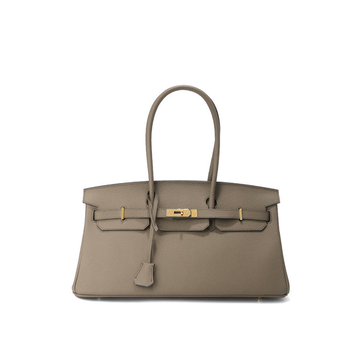 Birk-Schultertasche aus Narbenleder mit Henkeln und goldenen Beschlägen