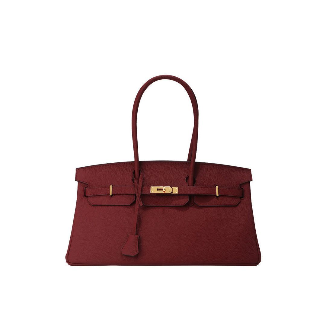Birk-Schultertasche aus Narbenleder mit Henkeln und goldenen Beschlägen
