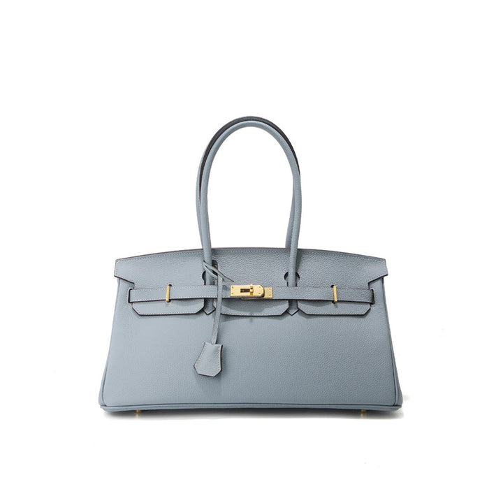 Birk-Schultertasche aus Narbenleder mit Henkeln und goldenen Beschlägen