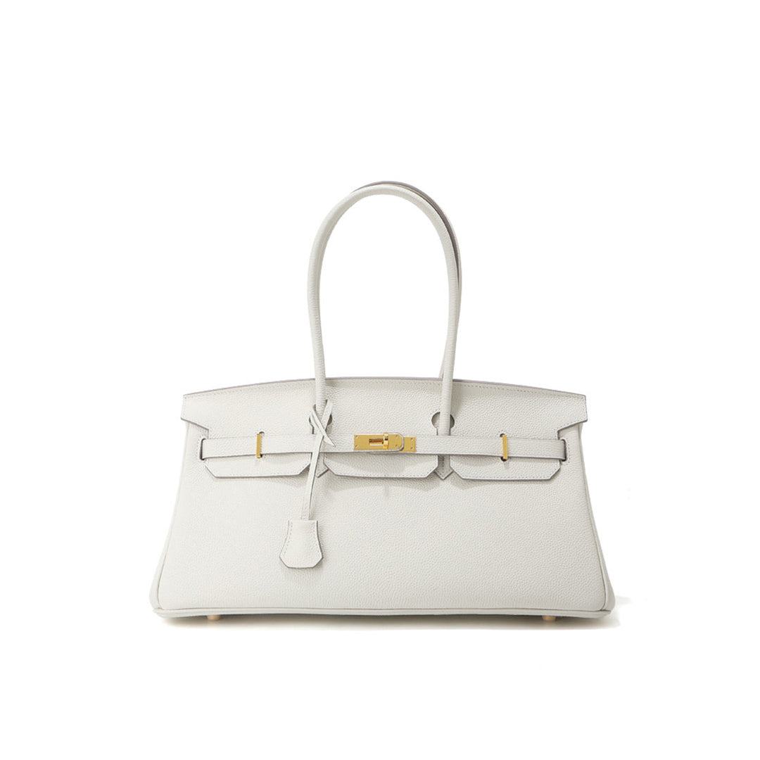 Birk-Schultertasche aus Narbenleder mit Henkeln und goldenen Beschlägen