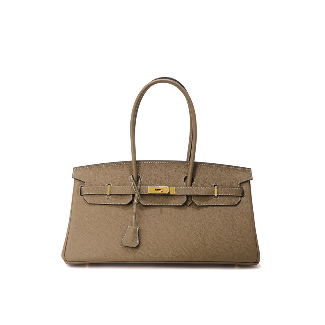 Birk-Schultertasche aus Narbenleder mit Henkeln und goldenen Beschlägen