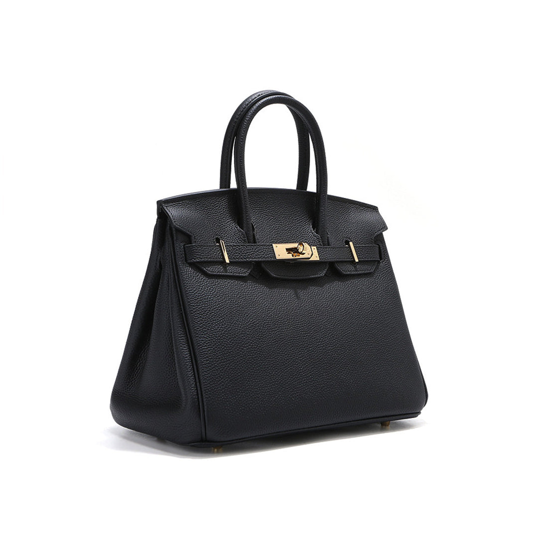 Birk Handtasche XL aus Narbenleder mit goldenem Drehverschluss und Rollhenkeln
