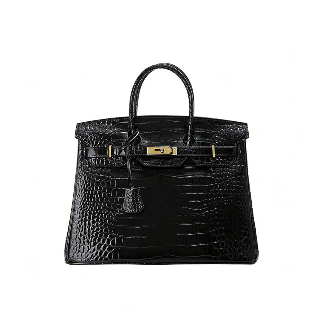 Birk-Handtasche aus Leder mit Kroko-Prägung in Rouge mit goldenem Drehverschluss