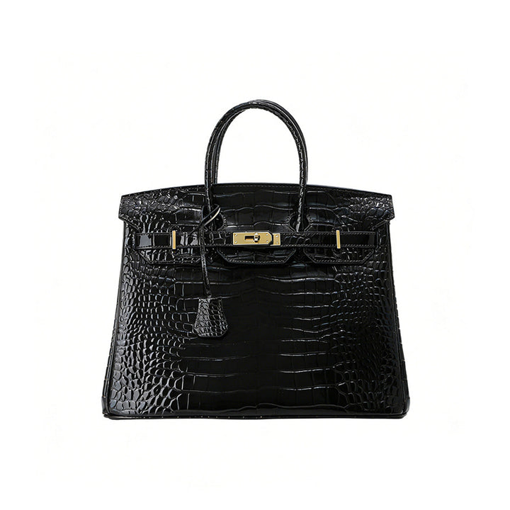 Birk-Handtasche aus Leder mit Kroko-Prägung in Rouge mit goldenem Drehverschluss