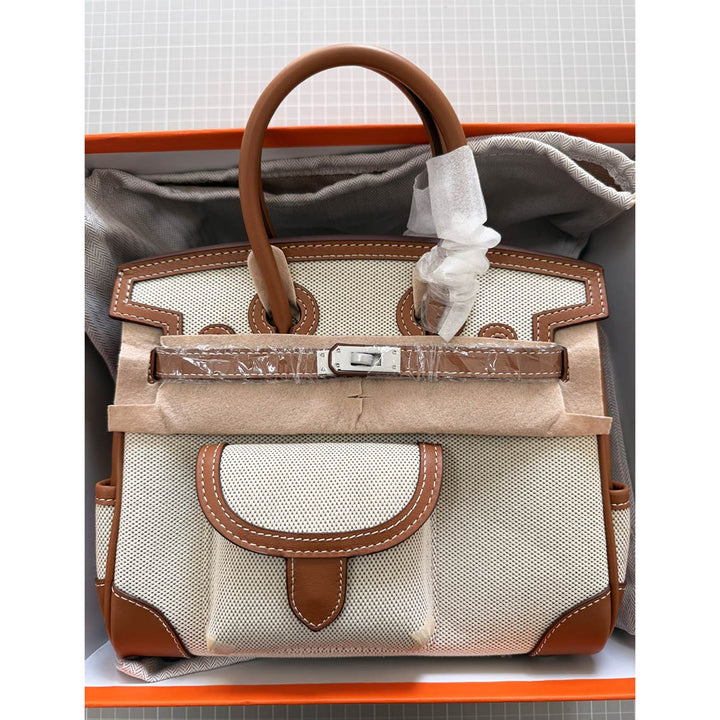 Pocket Birk-Handtasche aus Canvas und Narbenleder mit Seitenfächern und abnehmbarem Riemen