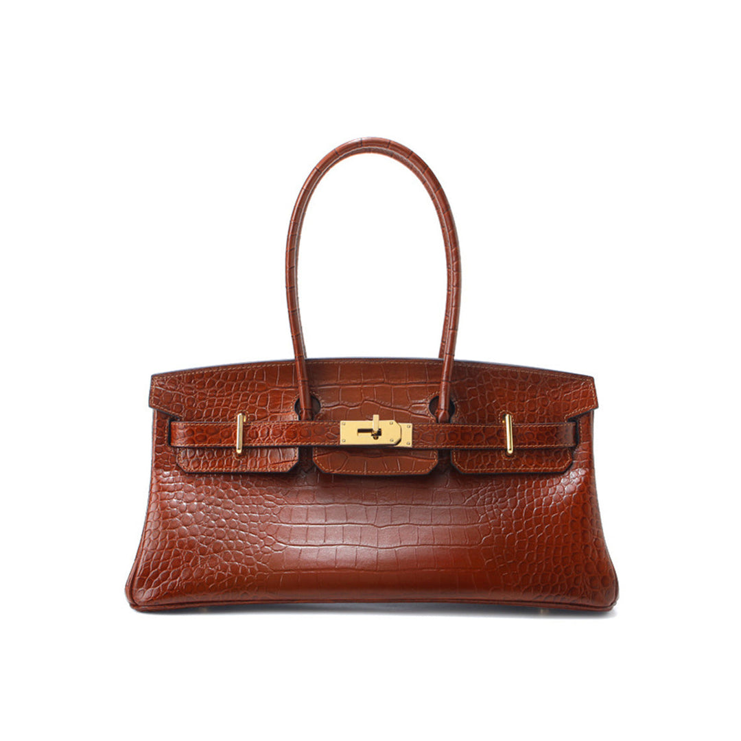 Birk Schultertasche aus Leder mit Kroko-Prägung und goldenen Beschlägen