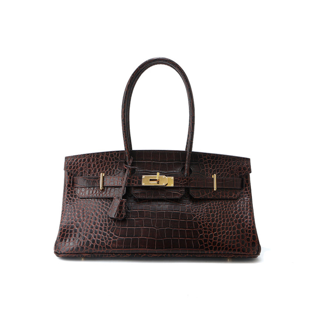 Birk Schultertasche aus Leder mit Kroko-Prägung und goldenen Beschlägen
