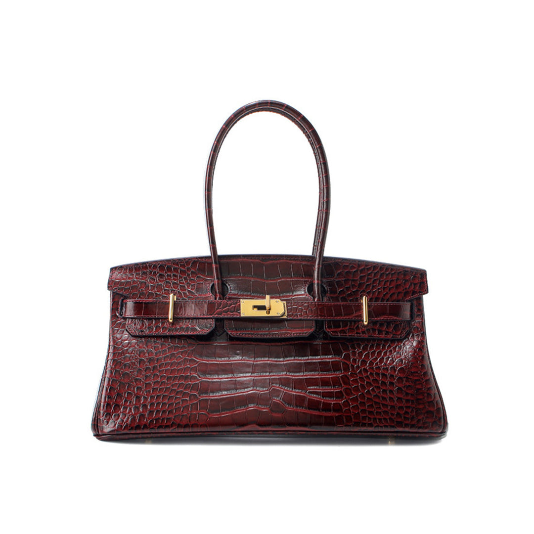 Birk Schultertasche aus Leder mit Kroko-Prägung und goldenen Beschlägen