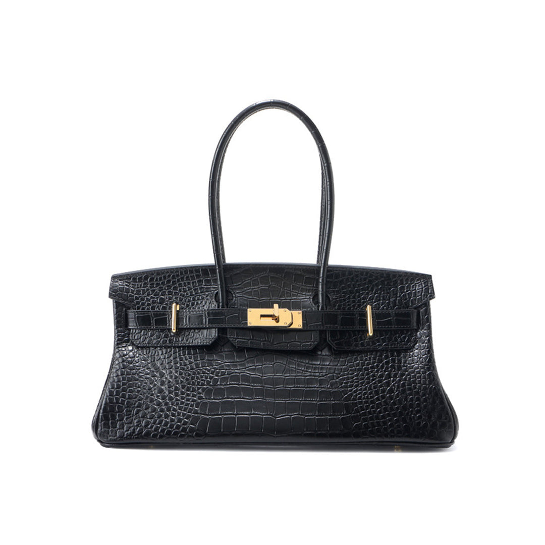 Birk Schultertasche aus Leder mit Kroko-Prägung und goldenen Beschlägen