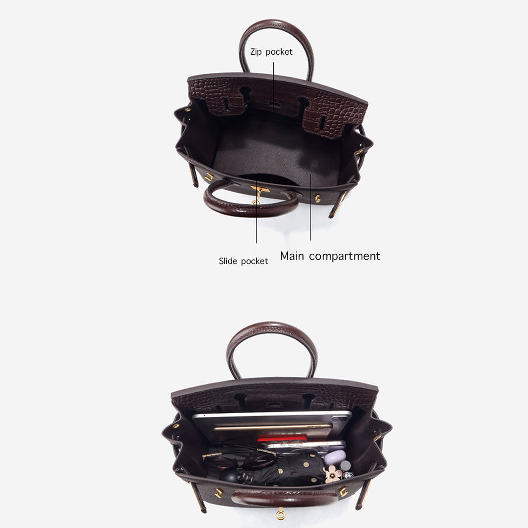 New Birk-Handtasche aus Narbenleder mit Kroko-Klappe und goldfarbenem Drehverschluss