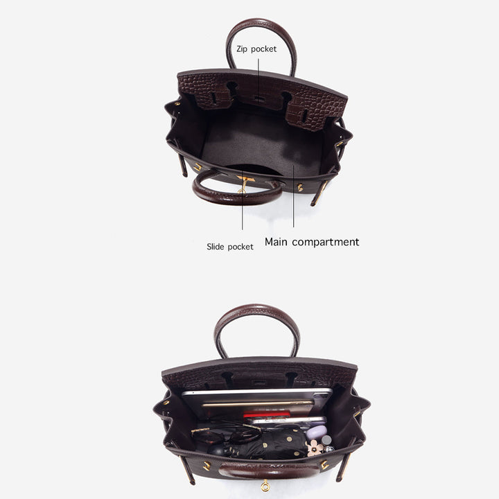 New Birk-Handtasche aus Narbenleder mit Kroko-Klappe und goldfarbenem Drehverschluss